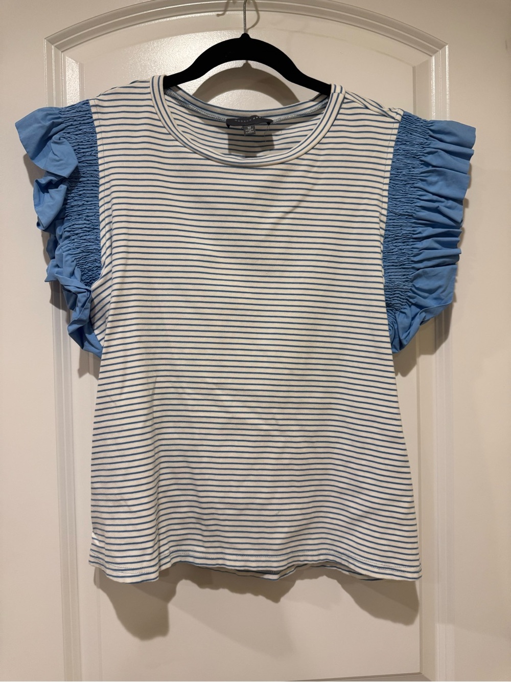 Women's Blue Striped Tee with Ruffle Sleeves